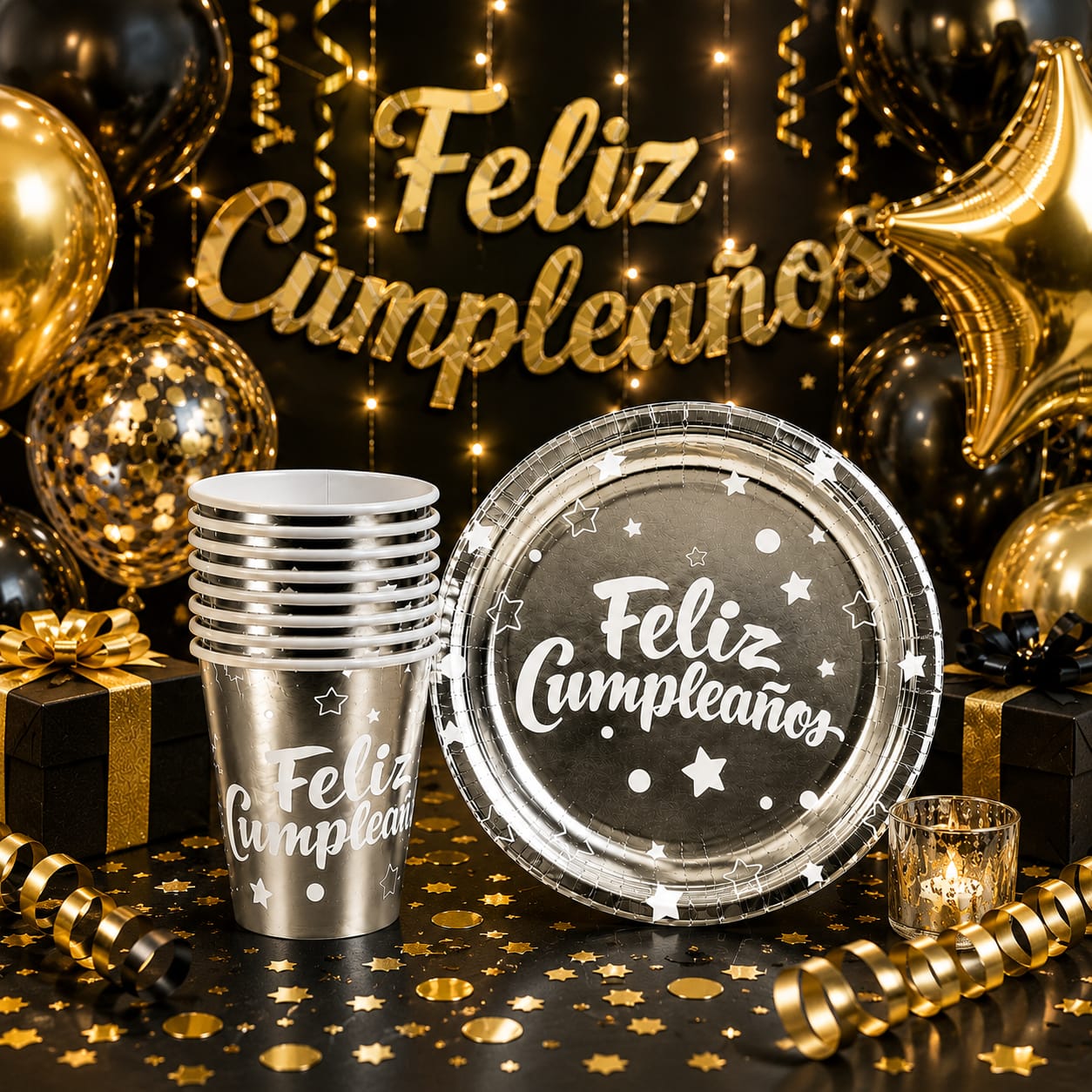 Set 10 Platos Torta + 10 Vasos Color Plateado Feliz Cumpleaños